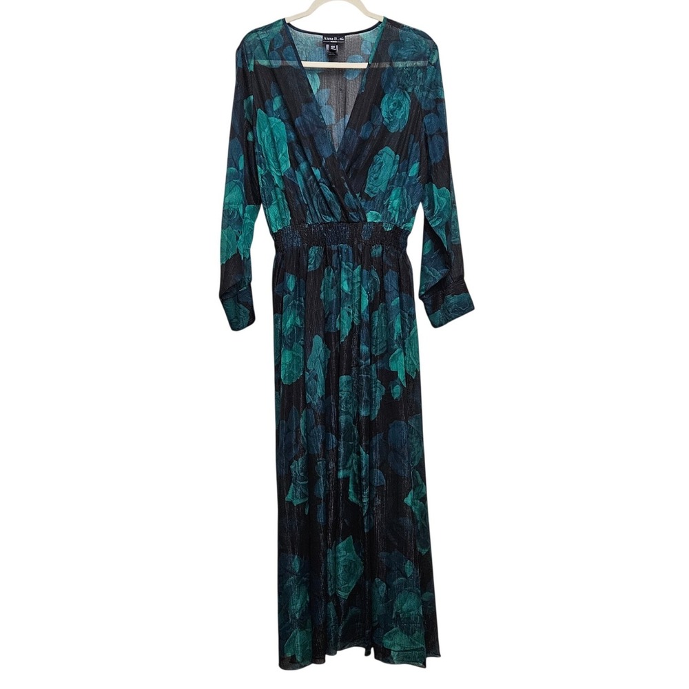 Alexa B Nites Maxi Dress Womens 16W Teal Black Floral Smocked Waist Whimsigoth